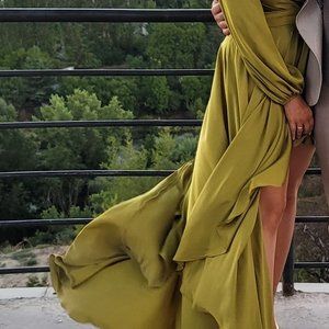 Mac Duggal one shoulder blouson sleeve hi-low gown